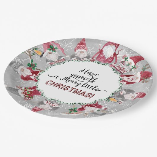 Rood Grijze Gnomes Kerstmis Snowflakes Blad Blad Papieren Bordje (Gekanteld)