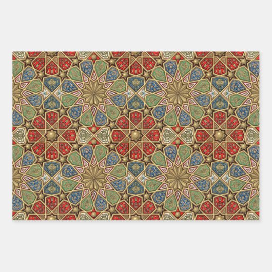 Rood Groen Blauw Faux Goud Arabisch Kunstpatroon Inpakpapier Vel (Voorkant 3)