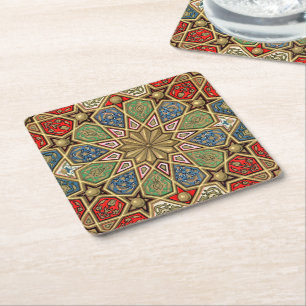 Rood Groen Blauw Faux Goud Arabisch Kunstpatroon Kartonnen Onderzetters