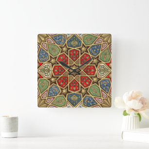 Rood Groen Blauw Faux Goud Arabisch Kunstpatroon Vierkante Klok