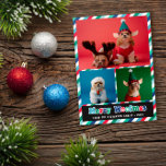 Rood Groen Blauw Retro Merry Woofmas Fotocollage Feestdagenkaart<br><div class="desc">Hond thema Merry Christmas fotokaart met strepen in blauw,  groen,  rood en wit samen met Merry Woofmas geschreven over onder drie foto's van je hond(en) in een retro groovy lettertype in rood,  blauw en groen.</div>