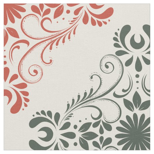 Rood & Groen  Bloemen Damasks Stof (Close Up)