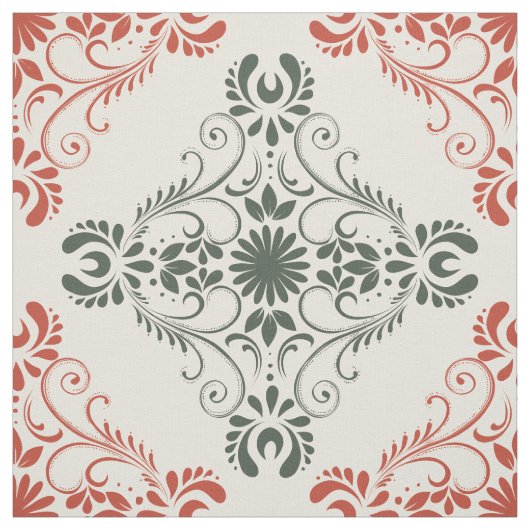 Rood & Groen Bloemen Damasks Stof (Swatch)