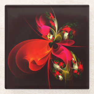 Rood Groen Bloemen Modern Abstract Kunstpatroon #0 Glazen Onderzetter