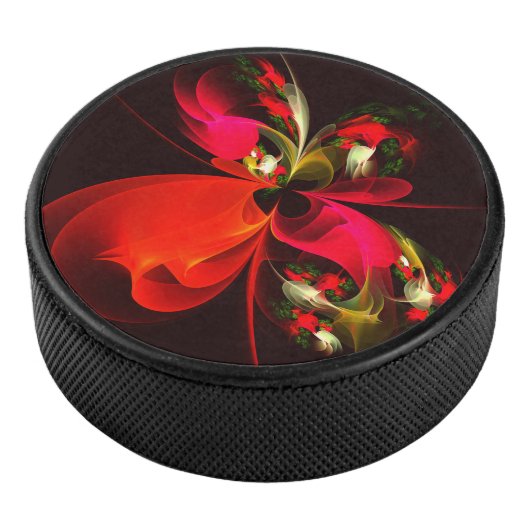 Rood Groen Bloemen Modern Abstract Kunstpatroon #0 Hockey Puck (3/4)