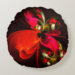 Rood Groen Bloemen Modern Abstract Kunstpatroon #0 Rond Kussen