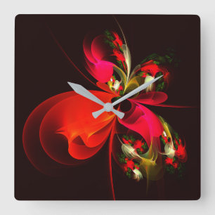 Rood Groen Bloemen Modern Abstract Kunstpatroon #0 Vierkante Klok