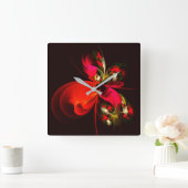 Rood Groen Bloemen Modern Abstract Kunstpatroon #0 Vierkante Klok (Huis)