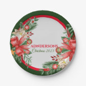 Rood Groen Bloemen Vrolijk Kerstfeest Papieren Bordje (Voorkant)