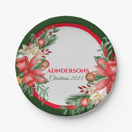 Rood Groen Bloemen Vrolijk Kerstfeest Papieren Bordje (Voorkant)