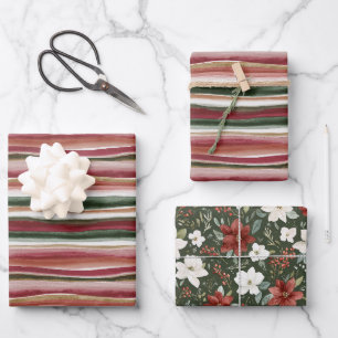 Rood Groen Blush Witte Strepen Bloemige Verjaardag Inpakpapier Vel
