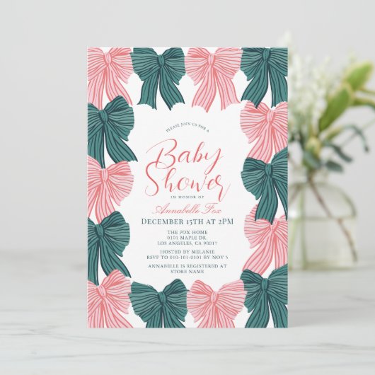 Rood & Groen Bow/Ribbon Coquette Baby shower Kaart (Staand voorkant)