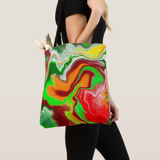 Rood, groen, bruinkoolkleurig, lichtvochtig tote bag (Dichtbij)