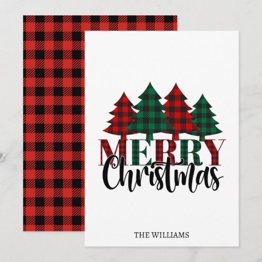 Rood & Groen Buffel Plaid Kerstboom Eenvoudig Feestdagenkaart (Voorkant / Achterkant)