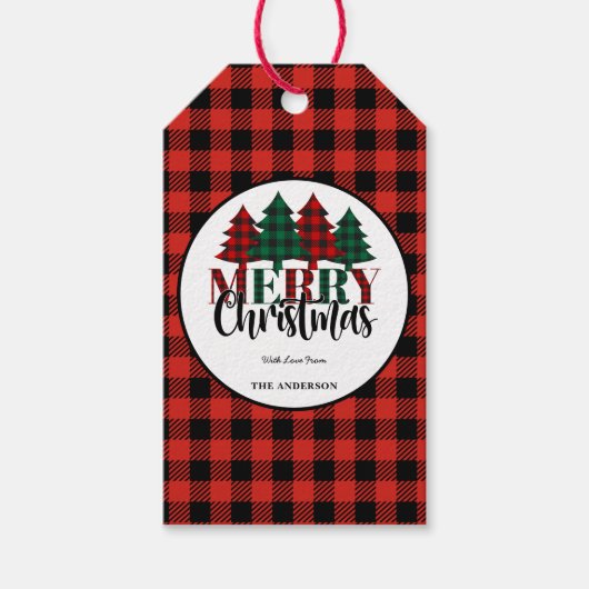 Rood & Groen Buffel Plaid Patroon Vrolijk Kerstfee Cadeaulabel (Voorkant)