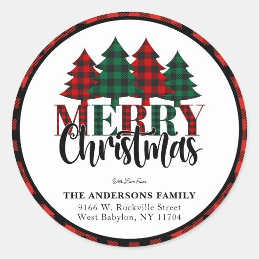 Rood & Groen Buffel Plaid Patroon Vrolijk Kerstfee Ronde Sticker (Voorkant)