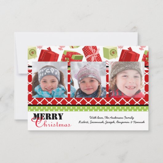 Rood & Groen Cadeaus 3 Foto's - 3x5 Kerst Kaart (Voorkant)