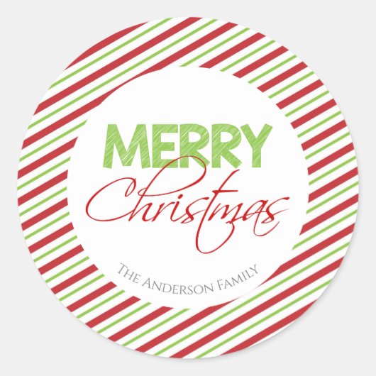 Rood & Groen Candy Cane Stripe | Ronde Sticker (Voorkant)