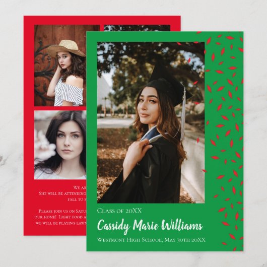 Rood groen Confetti Afstuderen Aankondiging (Voorkant / Achterkant)