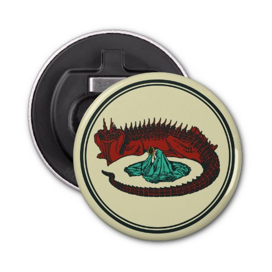  Rood Groen Draak Dame Vector Art Nouveau Button Flesopener (Voorkant)
