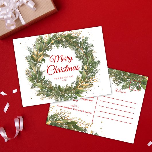 Rood Groen Elegant Kerstkrans Botanisch Feestdagenkaart