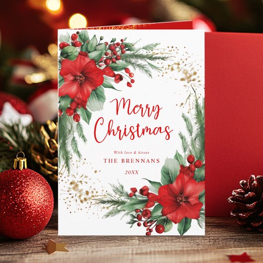Rood Groen Elegante Botanische Foto Kerstmis Feestdagen Kaart