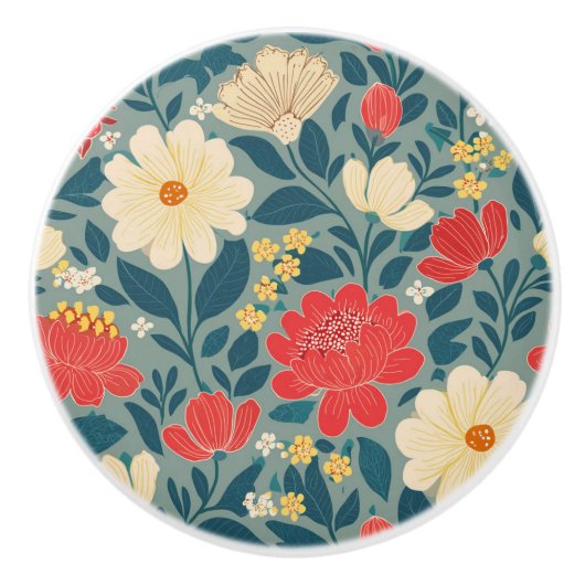 Rood, Groen en Crème Bloemen Chinoiserie Keramische Knop (Voorkant)