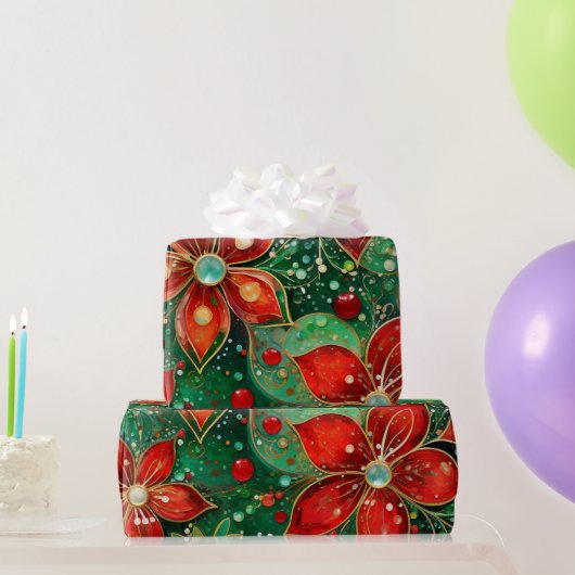 Rood groen en Goud Glittery Kerstmis Patroon Cadeaupapier (Feestgeschenken)