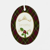 Rood, Groen en Goud Plaid met Naam Kerstmis Metalen Ornament (Voorkant links)