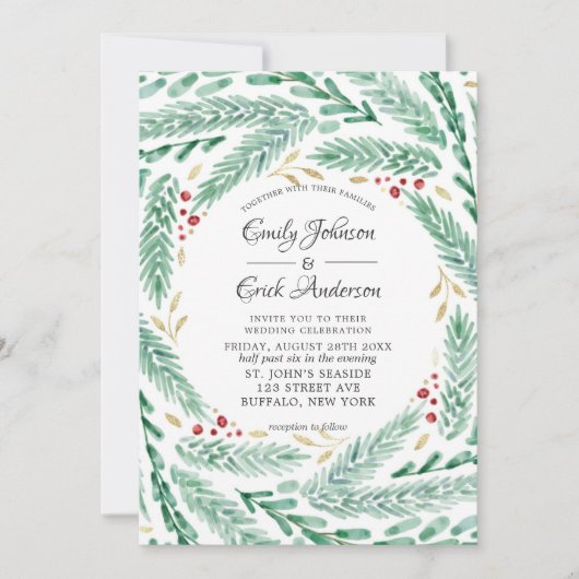 Rood groen en gouden pine met kerstbruiloft kaart (Voorkant)