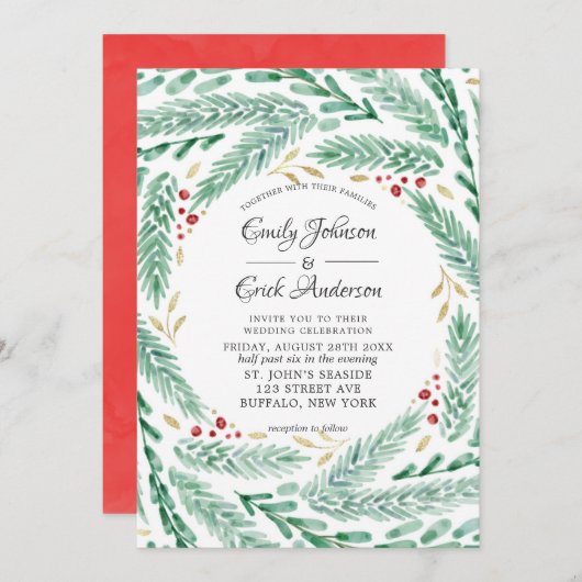 Rood groen en gouden pine met kerstbruiloft kaart (Voorkant / Achterkant)