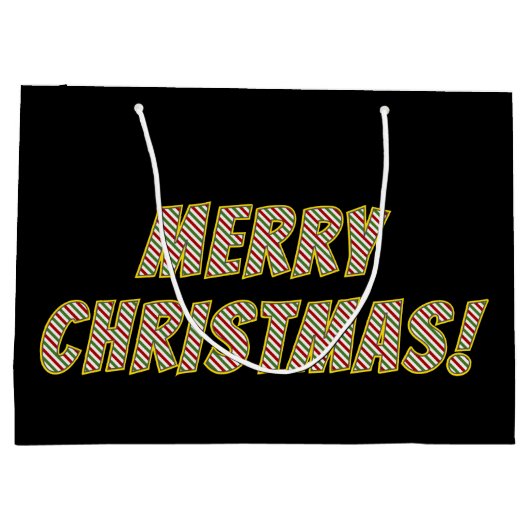 Rood, groen en wit gestreept "MERRY CHRISTMAS!" Groot Cadeauzakje (Achterkant)