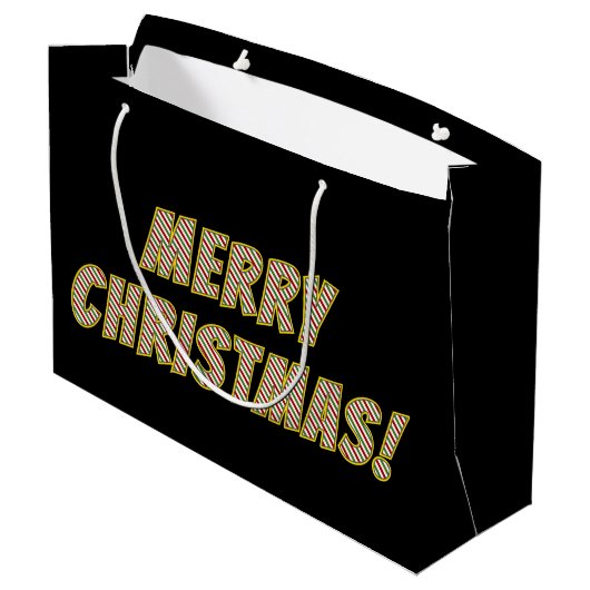 Rood, groen en wit gestreept "MERRY CHRISTMAS!" Groot Cadeauzakje (Achterkant Gekanteld)