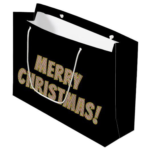 Rood, groen en wit gestreept "MERRY CHRISTMAS!" Groot Cadeauzakje (Voorkant Gekanteld)