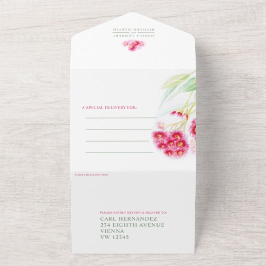 Rood groen eucalyptus gumnut waterverf bruiloft all in one uitnodiging (Buitenkant)