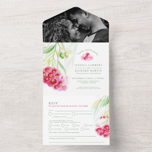 Rood groen eucalyptus gumnut waterverf bruiloft all in one uitnodiging (Binnen)