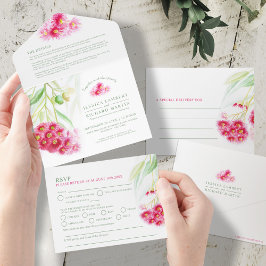 Rood groen eucalyptus gumnut waterverf bruiloft all in one uitnodiging