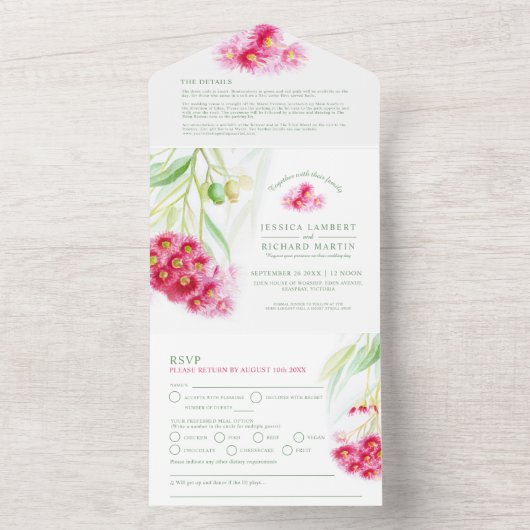 Rood groen eucalyptus gumnut waterverf bruiloft all in one uitnodiging (Binnen)