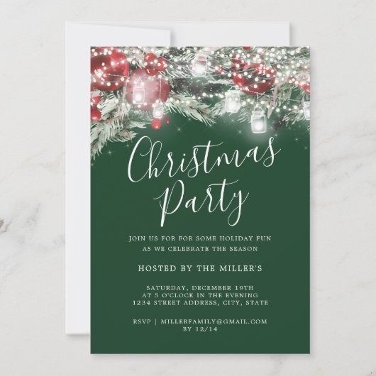 Rood Groen Festief Loof Licht Kerstfeest Party Kaart (Voorkant)