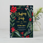 Rood groen floraal patroon kerstmis folie uitnodiging (Staand Voorkant)