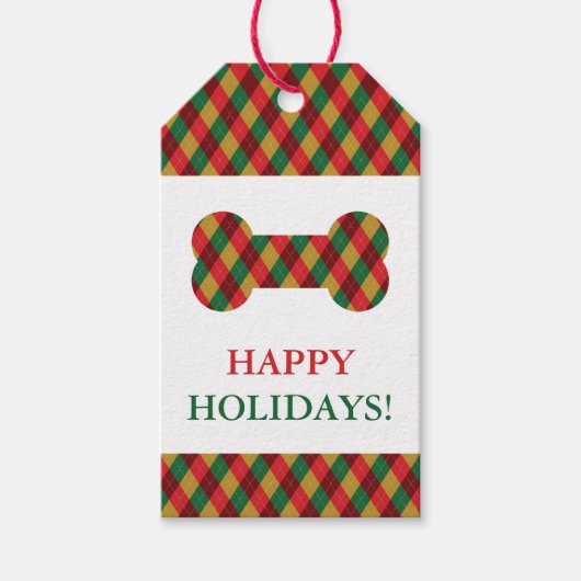 Rood Groen Geel Feestelijk Argyle Patroon Hondenbo Cadeaulabel (Voorkant)