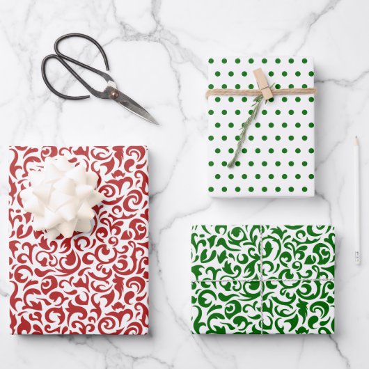 Rood groen gekleurde damast polkadots op knapperig inpakpapier vel (Voorkant)