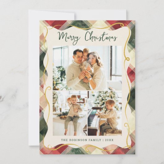 Rood Groen Geplaagd Patroon Vrolijk Kerstfeest 3 F Feestdagenkaart (Voorkant)