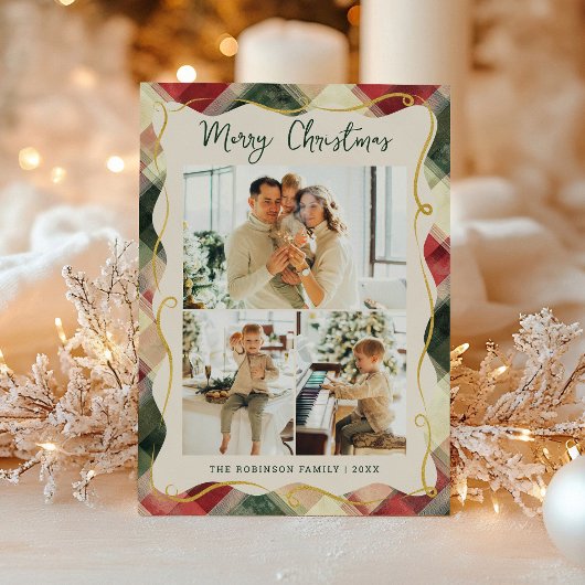 Rood Groen Geplaagd Patroon Vrolijk Kerstfeest 3 F Feestdagenkaart