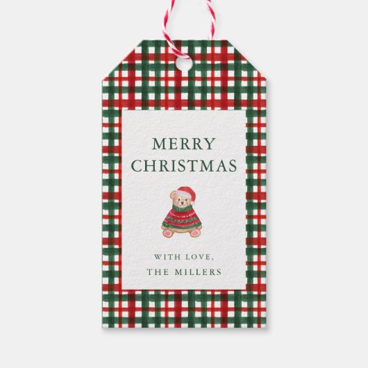 Rood Groen Geplaagd Preppy Teddy Christmas Gift Ta Cadeaulabel (Voorkant)