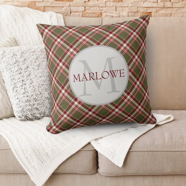  rood - groen - geplakt monogram, aangepast kussen (Vintage Red Green Classic Plaid Monogram Custom Throw Pillow)