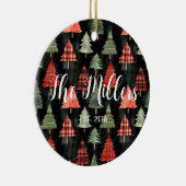 Rood & groen geplakte kerstbomen op zwart keramisch ornament (Rechts)