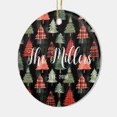 Rood & groen geplakte kerstbomen op zwart keramisch ornament (Links)