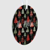 Rood & groen geplakte kerstbomen op zwart ornament (voorkant)