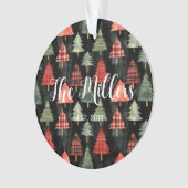 Rood & groen geplakte kerstbomen op zwart ornament (voorkant)